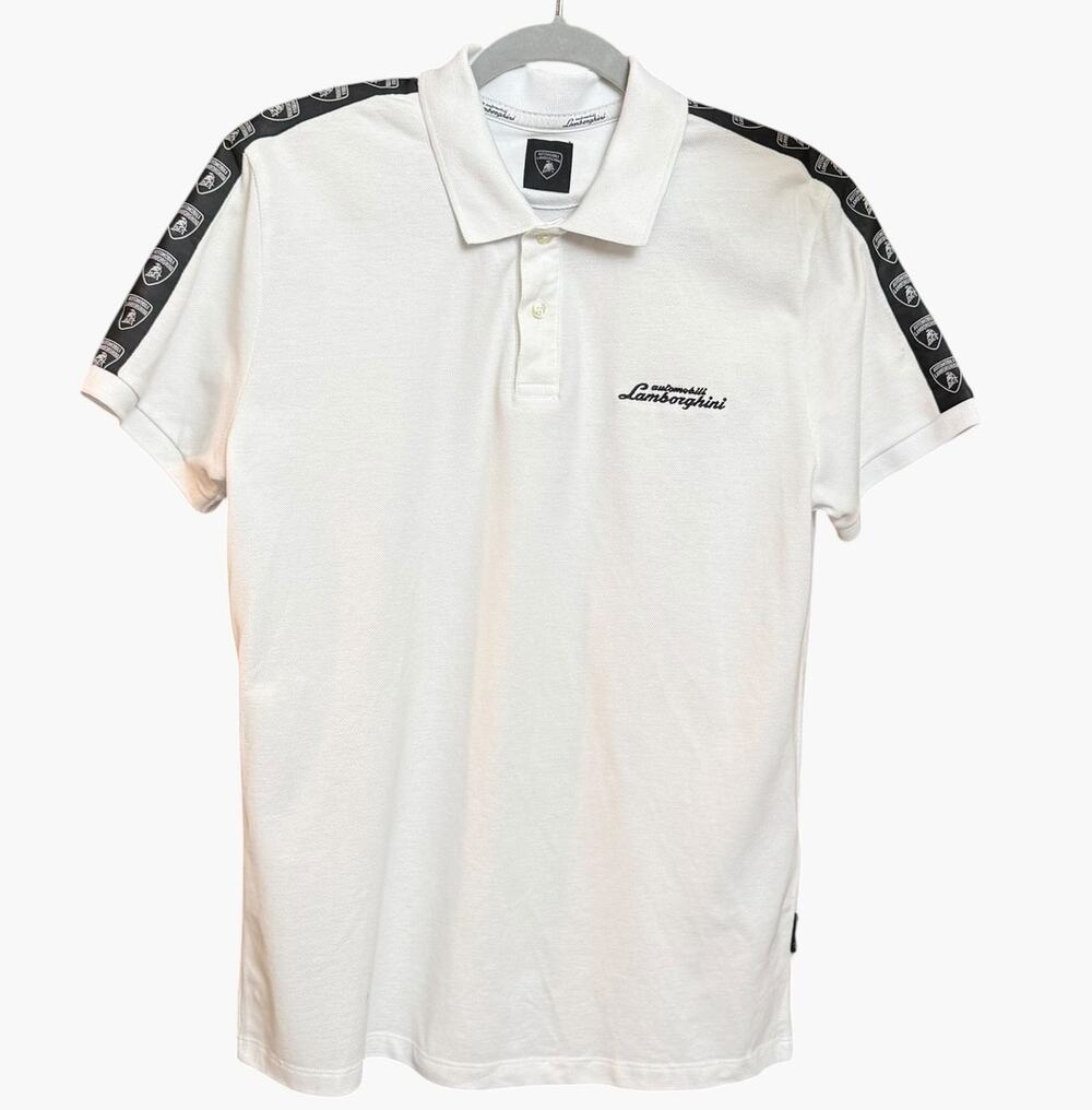 Lamborghini Polo Shirt Mens S White Black Logo Tape 100% Cotton